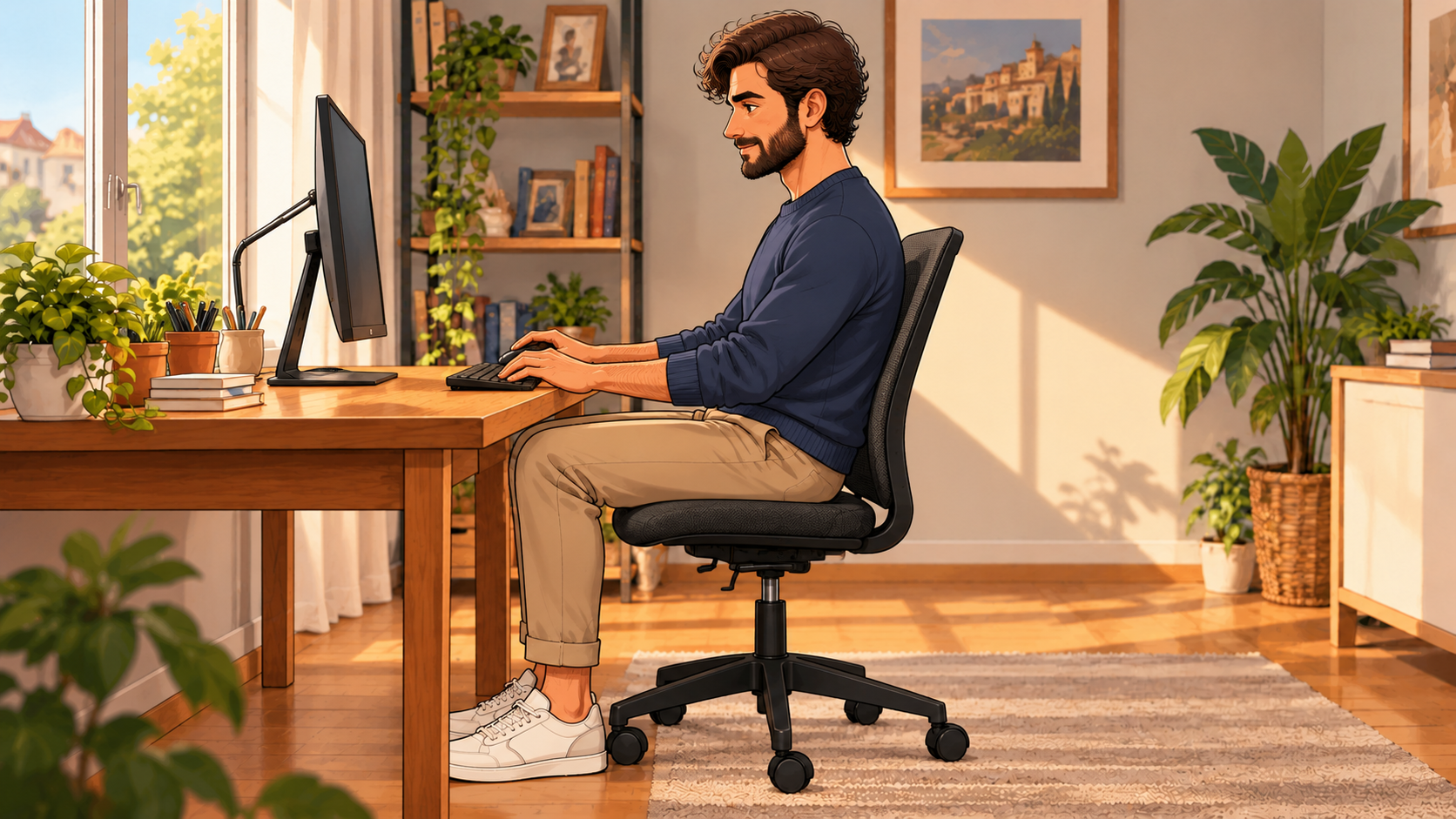 Illustrazione foto-cartoon di uno studio luminoso con una persona seduta alla scrivania